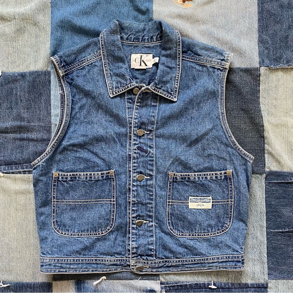 calvin klein denim collared vest linen blend size L - Picture 1 of 7